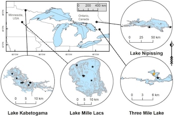 Mapa de Estados Unidos y Canadá con cuatro ampliaciones circulares que ubican los lagos Kabetogama, Mille Lacs, Nipissing y Three Mile