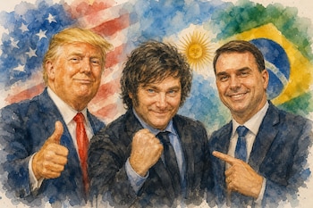 Acuarela de Donald Trump, Javier Milei y Flavio Bolsonaro frente a las banderas de Estados Unidos, Argentina y Brasil.