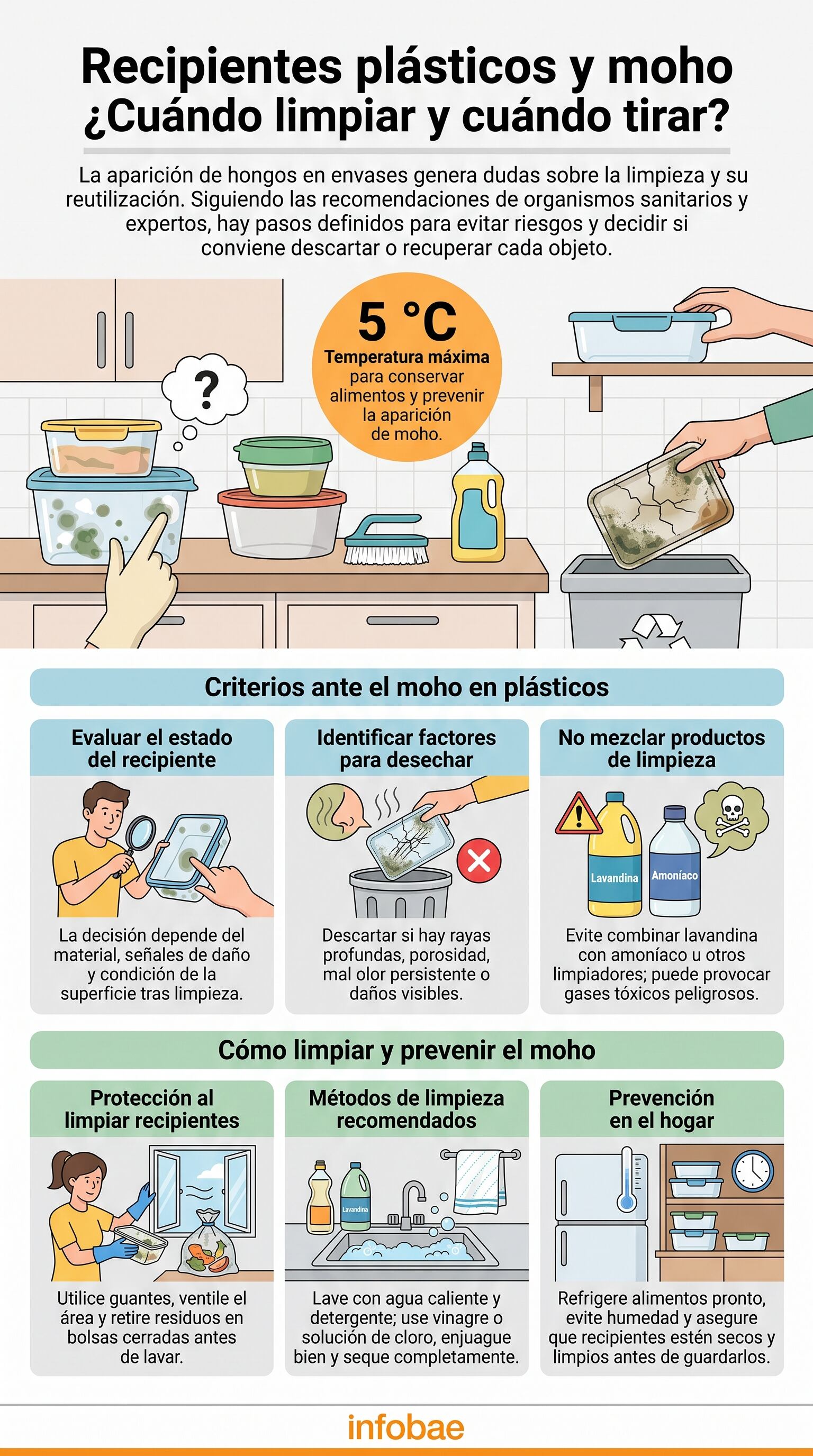 La limpieza segura ante hongos incluye guantes, ventilación del ambiente y retiro de alimentos estropeados en una bolsa cerrada. (Imagen Ilustrativa Infobae)