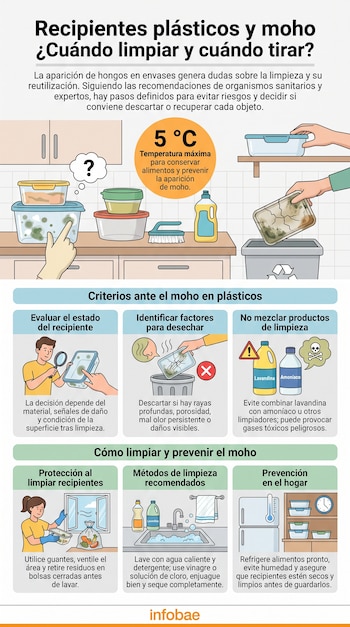 Infografía con título, subtítulos, ilustraciones de recipientes plásticos con moho, una persona limpiando, productos de limpieza, cocina, heladera y texto explicativo.