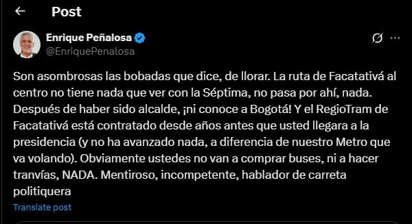 Enrique Peñalosa lanzó duras críticas en contra del presidente Gustavo Petro - crédito @EnriquePenalosa