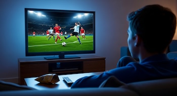 Hombre de espaldas viendo un partido de fútbol en un televisor encendido. Hay una bolsa de snacks y un control remoto sobre una mesa baja.