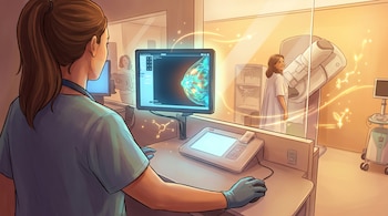 Ilustración de una técnica médica observando una mamografía en pantalla, con una paciente sonriente junto a una máquina de mamografía y luces flotantes.