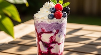 Vaso de Berry Frappuccino casero con capas moradas y blancas, cubierto con crema batida, arándanos, frambuesas, mora y menta, sobre mesa de madera.
