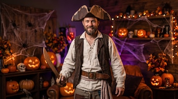 Un hombre con sombrero y espada de cartón posa rodeado de calabazas iluminadas, telarañas y calaveras artificiales.