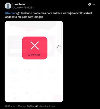 Usuarios de Nequi y Banccolombia, continúan reportando fallas en la prestación de algunos de los servicios de las plataformas - crédito @LunaPer78882911/X