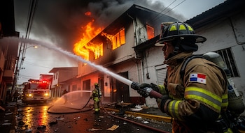Un bombero de Panamá con uniforme y casco rocía agua sobre un edificio en llamas, mientras humo denso se eleva y un camión de bomberos está en el fondo.