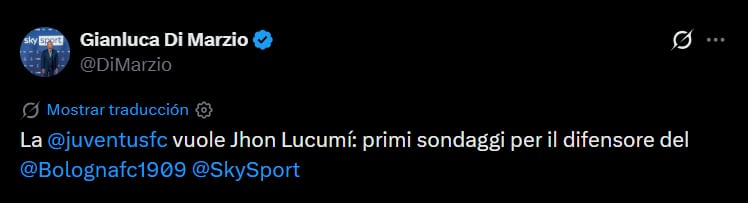 La Juventus buscaría a Jhon Lucumí para que sea su figura en la próxima temporada en la Serie A - crédito @DiMarzio/X