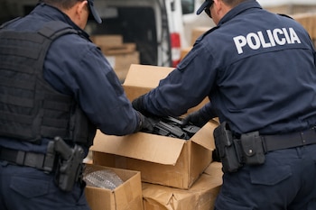 Dos agentes de policía, de espaldas y vestidos con uniformes oscuros, examinan una caja de cartón abierta que contiene varias pistolas.