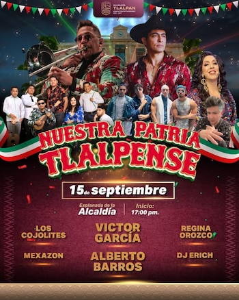 Cartel publicitario con fotografías de músicos y texto que anuncia un evento el 15 de septiembre en la explanada de la alcaldía Tlalpan