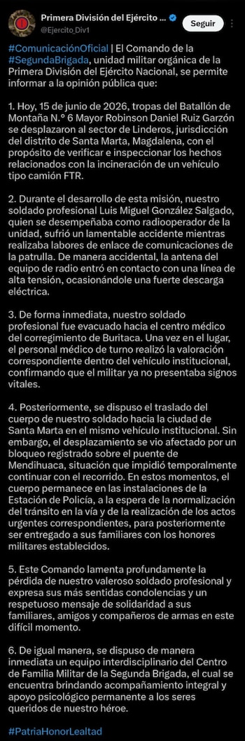 El accidente ocurrió durante una misión de verificación en el sector de Linderos, en zona rural de Santa Marta - crédito @Ejercito_Div1 / X