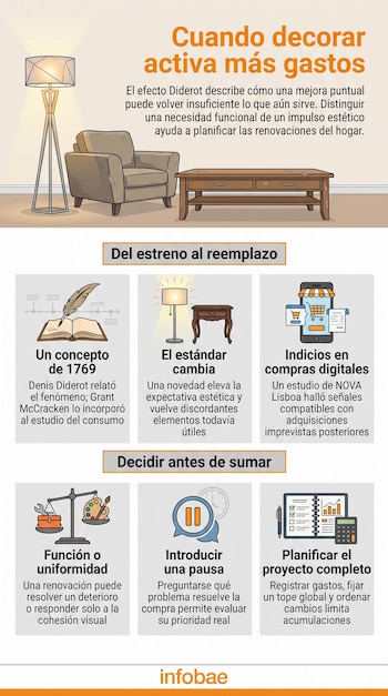 Infografía con ilustraciones de muebles, una pluma, una lámpara, un teléfono inteligente y seis recuadros explicativos con texto.
