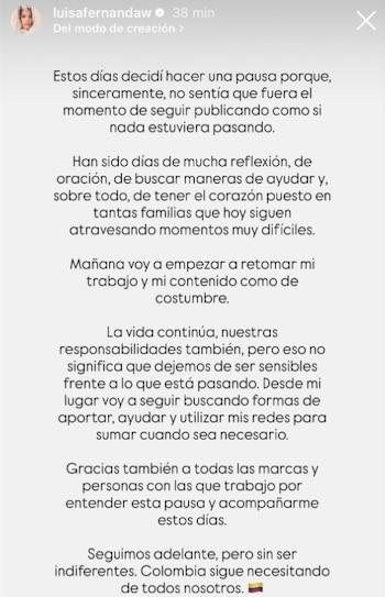 La influencer Luisa Fernanda W explicó que suspendió su contenido de entretenimiento, moda y eventos por respeto a la emergencia nacional - crédito luisafernandaw / Instagram