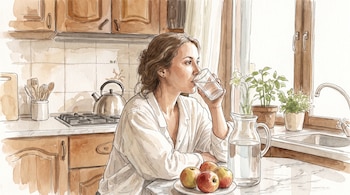 Ilustración en acuarela de una mujer bebiendo agua junto a una jarra, manzanas y una ventana en la cocina.