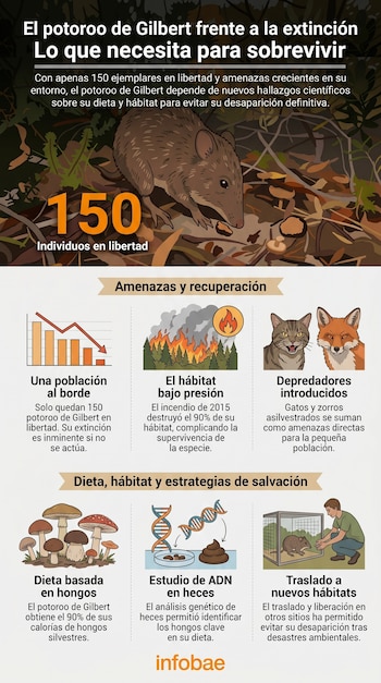 Infografía del potoroo de Gilbert: animal, población (150), amenazas (incendio, gato, zorro), dieta de hongos, estudio de ADN y traslado a nuevos hábitats.