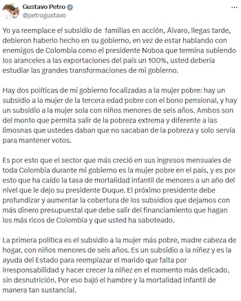Gustavo Petro defendió sus ayudas sociales y acusó al expresidente Álvaro Uribe de frenar recursos para mujeres vulnerables - crédito @petrogustavo/X