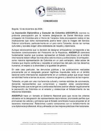 Sindicato de la Cancillería rechazó el nombramiento de Daniel Mendoza como embajador en Tailandia - crédito @asodiplo/X