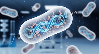 Ilustración de una célula bacteriana transparente con un ADN azul brillante y fragmentos marrones dentro, con otras bacterias desenfocadas y equipo de laboratorio al fondo.