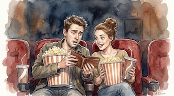 Pintura en acuarela de pareja en cine. Hombre mira billetera vacía con asombro, mujer sonríe. Ambos con grandes palomitas y refrescos en un ambiente tenue.