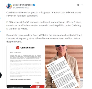 El partido Centro Democrático señaló al presidente Petro de "despedirse" del cargo con una grave problemática de seguridad en Colombia - crédito @CeDemocratico/X