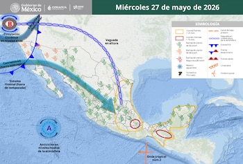 Mapa de México con pronóstico meteorológico. Muestra frentes, corrientes de chorro, anticiclones, vaguada y onda tropical con simbología de lluvias y vientos