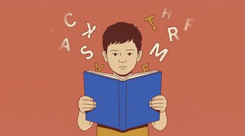 Ilustración de un niño que sostiene un libro azul abierto, rodeado de letras flotantes, borrosas y distorsionadas sobre un fondo terracota.