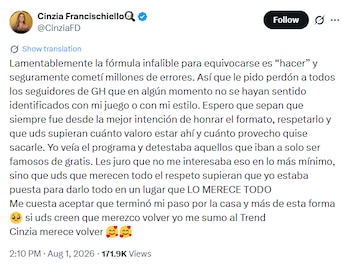 Pantalla de red social X (Twitter) con publicación de Cinzia Francischiello que contiene texto y emojis; indica fecha, hora y cantidad de visualizaciones