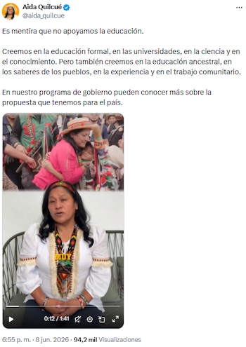 Aída Quilcué defendió su trayectoria y reafirma compromiso con la educación intercultural - crédito @aida_quilcue/X