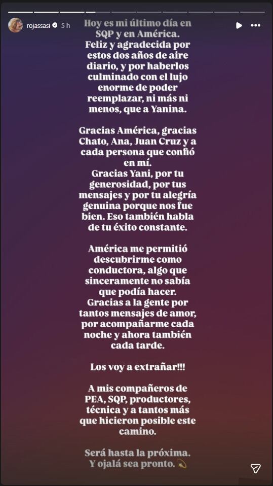 El emotivo mensaje de despedida de Sabrina Rojas a la conducción de SQP y América