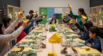 Grupo de personas en un taller, sosteniendo modelos de luciérnagas. Mesas con frascos con insectos, lupas y hojas verdes. Un instructor se ve al fondo.