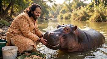 Anant Ambani, vestido con un traje tradicional, agachado junto a un hipopótamo en el agua, acariciándole el hocico. Un paisaje verde se ve al fondo.