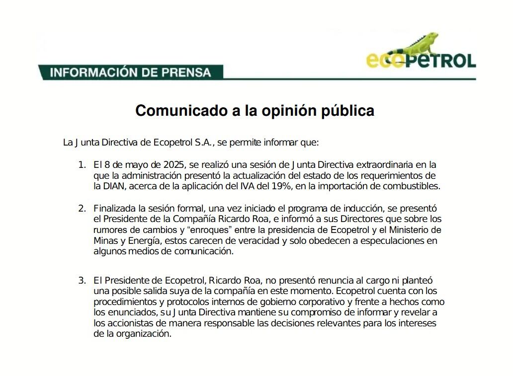 La Junta Directiva de Ecopetrol desmintió discusiones sobre la salida de su presidente Ricardo Roa - crédito Ecopetrol