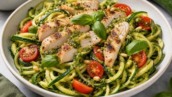 Ensalada keto de calabacín con pesto y pollo: una receta alta en proteína para comer ligero