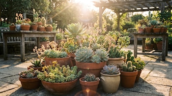 Varias macetas con diversas suculentas y cactus en un patio de piedra, bajo la luz del sol brillante. Mesas de madera y una pérgola se ven al fondo.