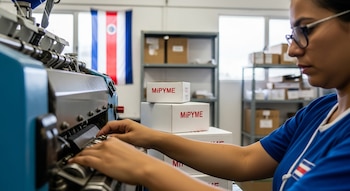 Mujer con gafas y manos trabajando en máquina industrial. Cajas blancas con texto 'MiPYME', estantes y bandera de Costa Rica al fondo.