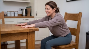 Mujer con el cabello castaño sentada en una silla de madera con los brazos extendidos y las palmas sobre una mesa.