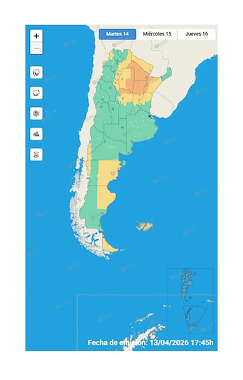 Un mapa de Argentina muestra regiones coloreadas en verde, amarillo y naranja, representando diferentes niveles de alertas meteorológicas para el 14 de abril de 2026