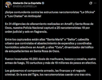 El presidente Abelardo de la Espriella afirmó que la intervención afectó las finanzas y la estructura de los grupos ilegales - crédito @ABDELAESPRIELLA / X