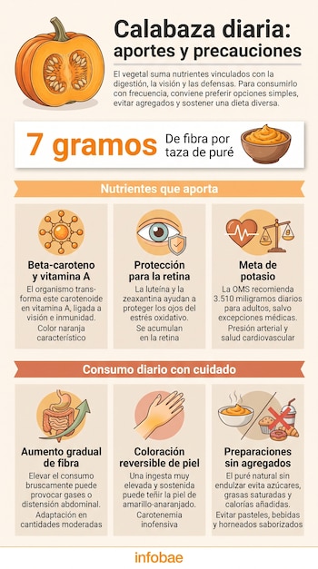 Infografía con ilustraciones de una calabaza, un cuenco de puré y seis recuadros con íconos sobre nutrientes y recomendaciones de consumo.