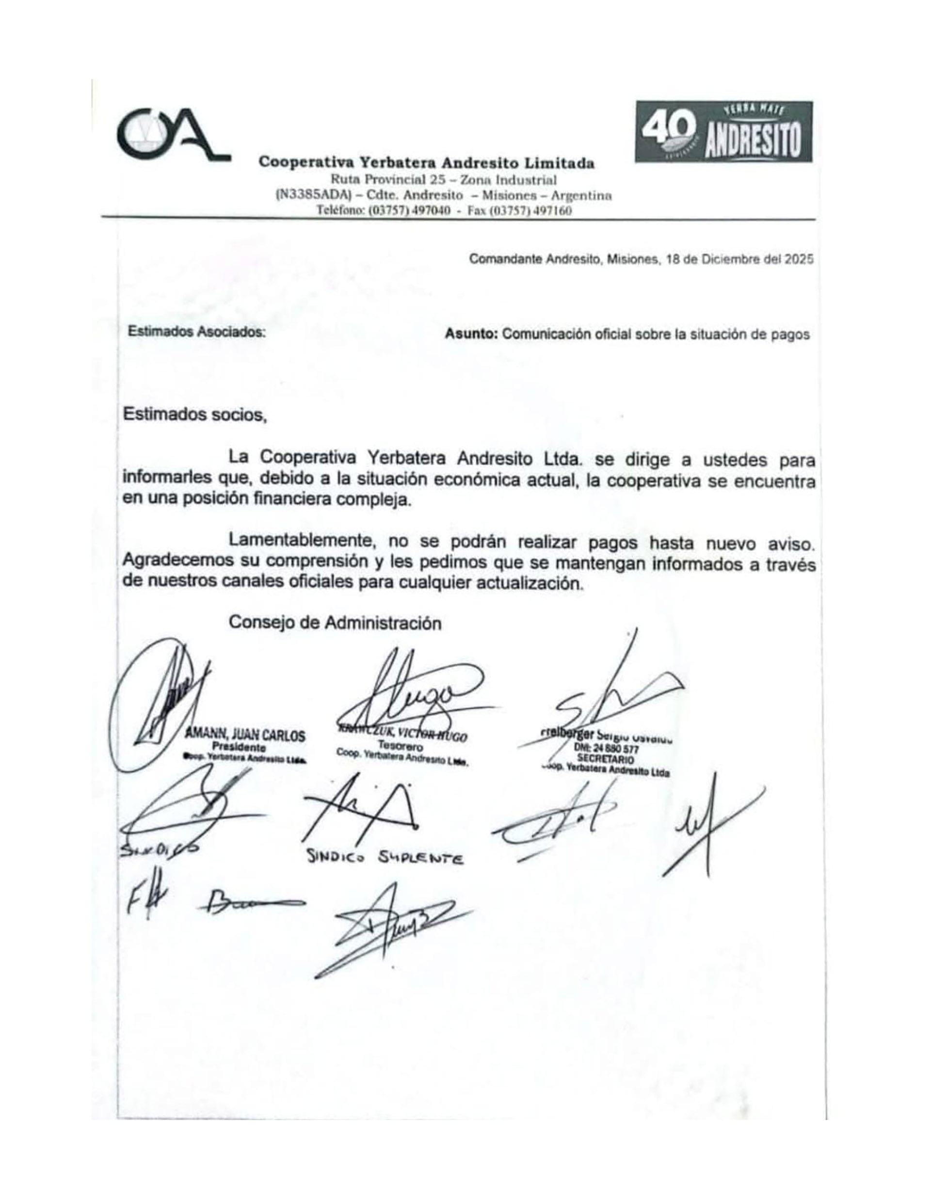 El Consejo de Administración de la cooperativa comunicó la suspensión de pagos a proveedores en medio de una crisis sectorial. (Fuente: Misionesonline)