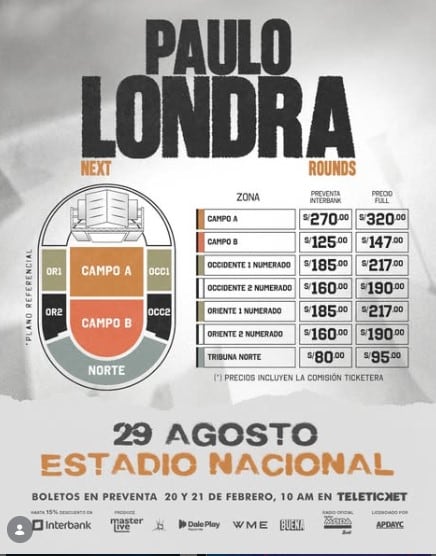 Precios de entradas para el concierto de Paulo Londra. (Teleticket)