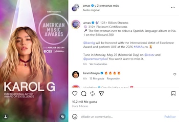 La Bichota recibirá el reconocimiento a la excelencia musical de los AMAs, siendo la primera latina en recibirlo, y la primera artista en general en ser reconocida en 17 años - crédito @amas/Instagram