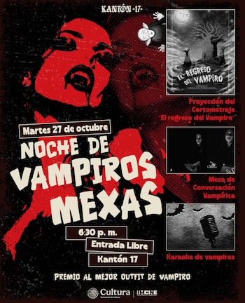 Cartel en negro y rojo con un rostro vampírico, tres recuadros de actividades, fecha, horario y logotipos institucionales en el borde inferior