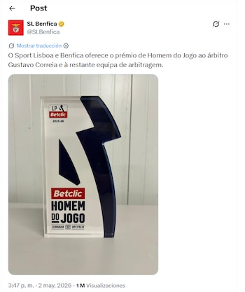 Post del Benfica dando el premio del mejor jugador del partido al árbitro del partido contra Familicao - crédito X