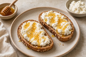 Dos rebanadas de pan integral con queso blanco y miel sobre un plato de cerámica junto a un tazón de miel y un palillo mielero.