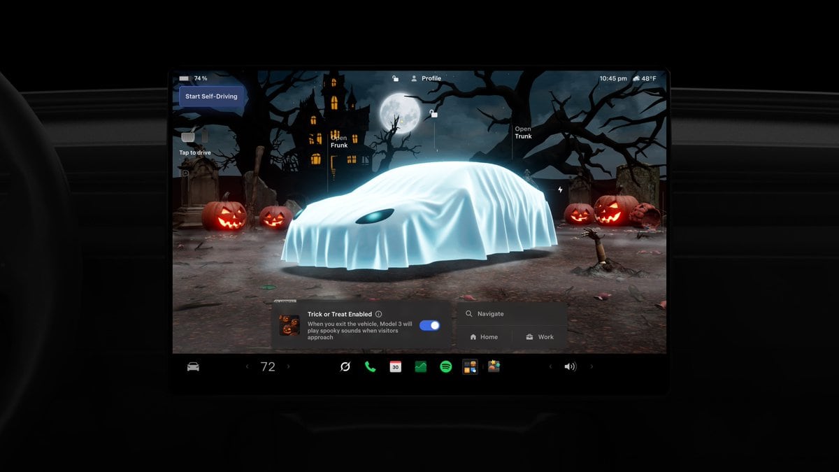 El modo “Truco o trato” transforma el avatar del Tesla en un fantasma y activa sonidos y luces ante la cercanía de visitantes. (Foto: Tesla)
