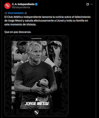 Captura de pantalla de un tuit de C. A. Independiente. Incluye fotografía en blanco y negro de Jorge Messi con un trofeo, texto 'JORGE MESSI 1958-2026'