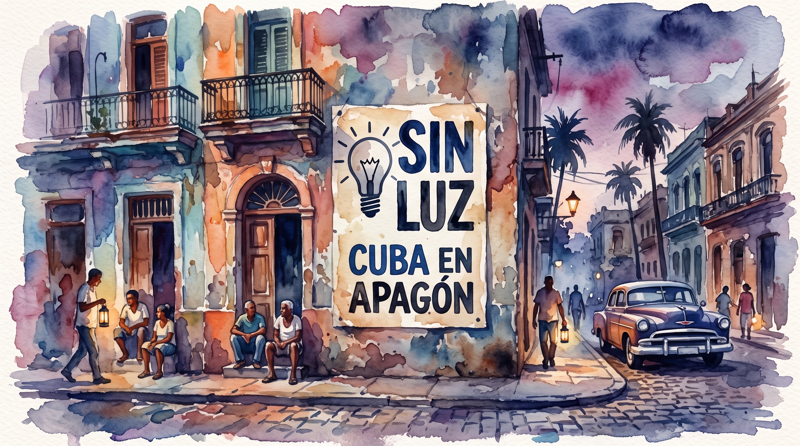 Una ilustración al estilo acuarela representa una calle urbana en Cuba con habitantes iluminados por linternas durante un corte de energía eléctrica. (Imagen Ilustrativa Infobae)