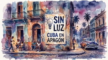 Ilustración en acuarela de una calle con personas con linternas, un automóvil clásico y un cartel que dice Sin luz Cuba en apagón.