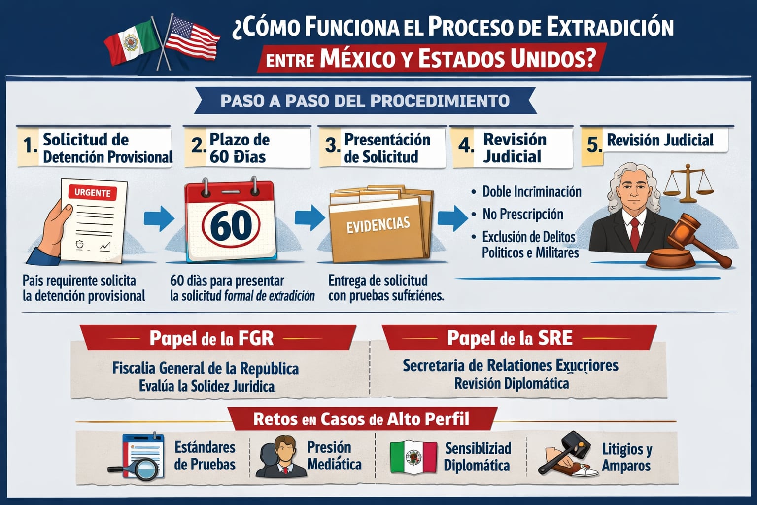 La infografía detalla el proceso de extradición entre México y Estados Unidos, desde la solicitud inicial y plazos, hasta la revisión judicial, roles de la FGR y SRE, y los retos en casos de alto perfil